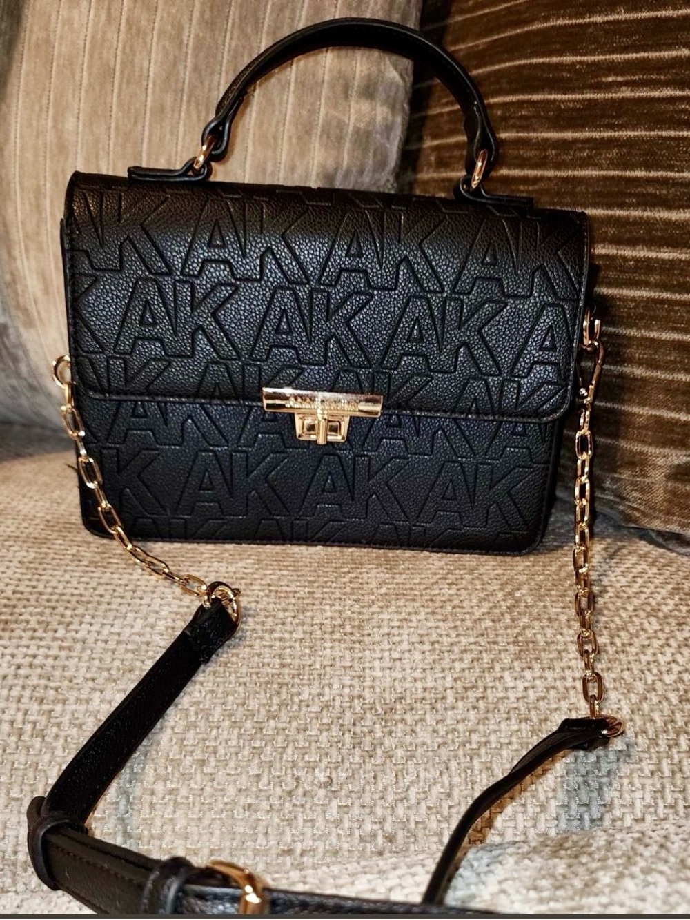 Anne Klein Black Embossed Crossbody with Gold Chain